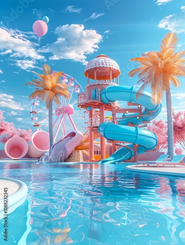 A vibrant water park featuring colorful slides, palm trees, and a sparkling pool under a bright blue sky with fluffy clouds.