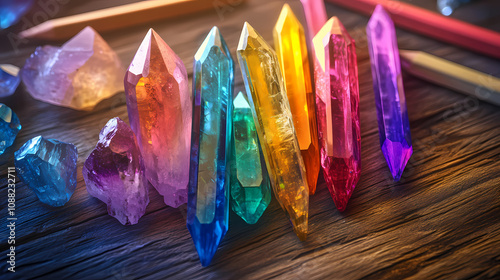 Vibrant gemstones and crystal pencils in spectrum of rainbow colors on wooden surface. Prismatic Crystal Glow. Illustration