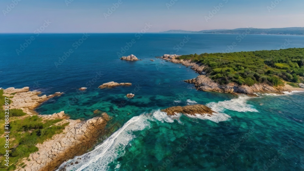 Drone view of the sea coast. Rocky shore and sea water. Vacation and travel. Summer seascape. aerial view. Image for cards, background, wallpaper or design - generative ai Drone view of the sea coast. Rocky shore and sea water. Vacation and travel. Summer seascape. aerial view. Image for cards, background, wallpaper or design - generative ai