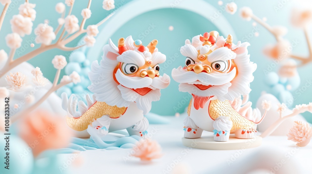 Fototapeta premium Two adorable dragon figurines in a whimsical pastel setting, surrounded by delicate flowers and a serene circular backdrop.