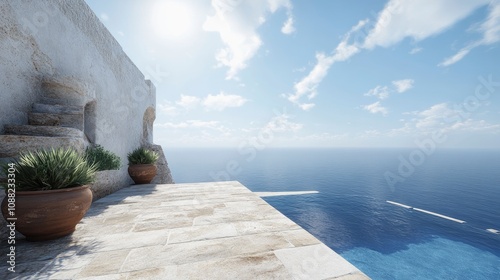 Serene coastal view from a terrace overlooking the ocean
