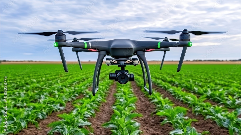 High-Tech Drone Flying Over Lush Green Crop Field in Agricultural Landscape with Blue Sky and Clouds, Showcasing Innovative Farming Technology in Action High-Tech Drone Flying Over Lush Green Crop Field in Agricultural Landscape with Blue Sky and Clouds, Showcasing Innovative Farming Technology in Action