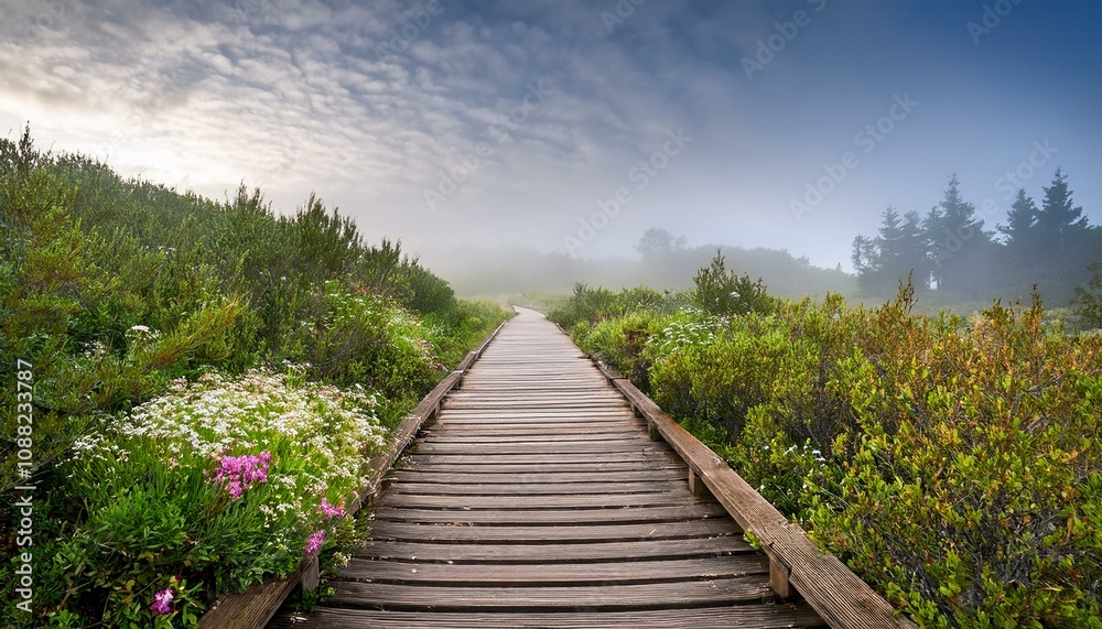 Wooden boardwalk winds through a misty landscape, leading to a serene forest. Wooden boardwalk winds through a misty landscape, leading to a serene forest.