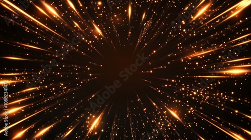Abstract golden light streaks and particles radiating from center on black background.