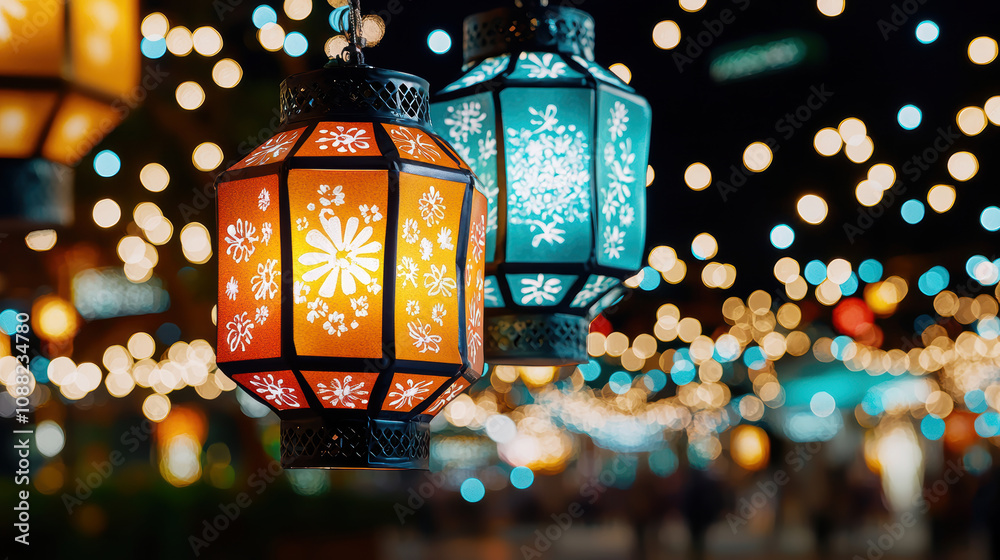Colorful lanterns illuminate festive night scene with bokeh lights