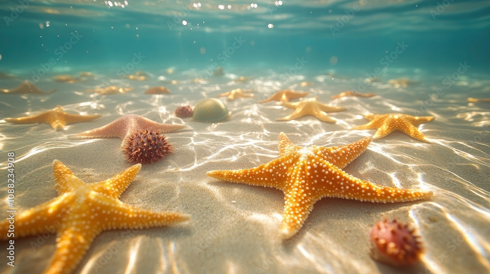 Vibrant starfish and seashells scattered on a sandy ocean floor Vibrant starfish and seashells scattered on a sandy ocean floor