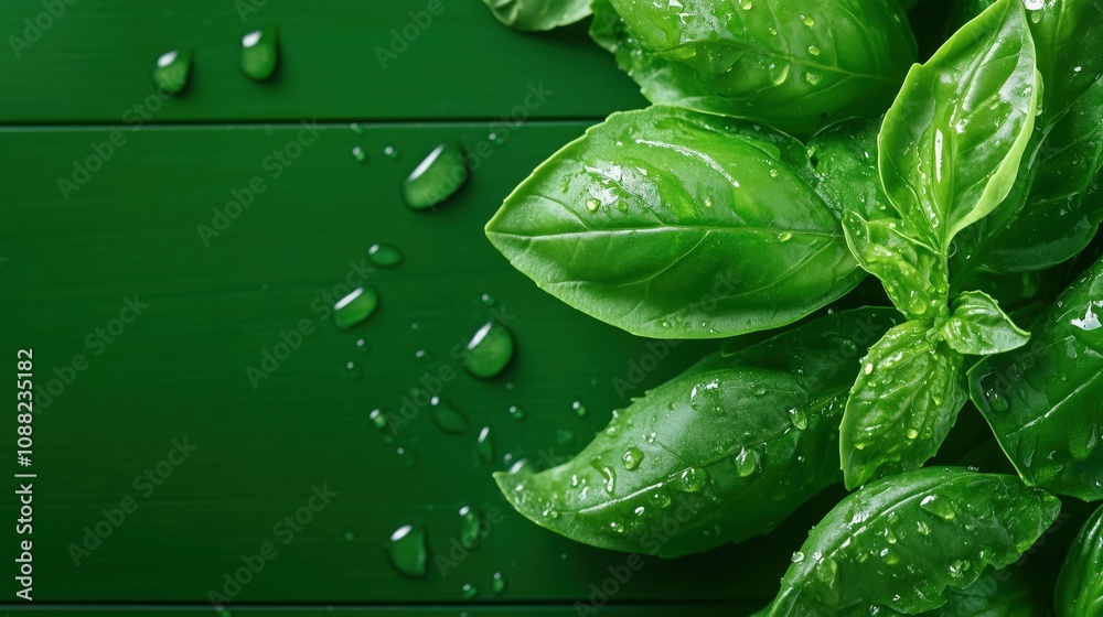 Obraz premium Fresh Organic Basil Leaves Close Up with Water Drops