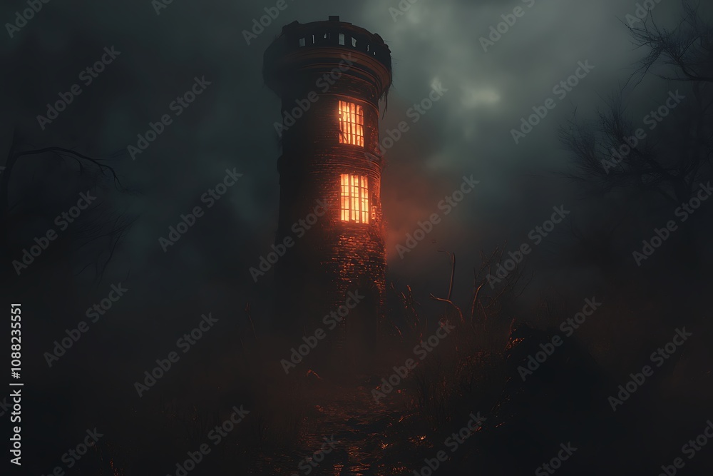 A mysterious tower illuminated by a glowing window amidst a dark, foggy landscape. A mysterious tower illuminated by a glowing window amidst a dark, foggy landscape.