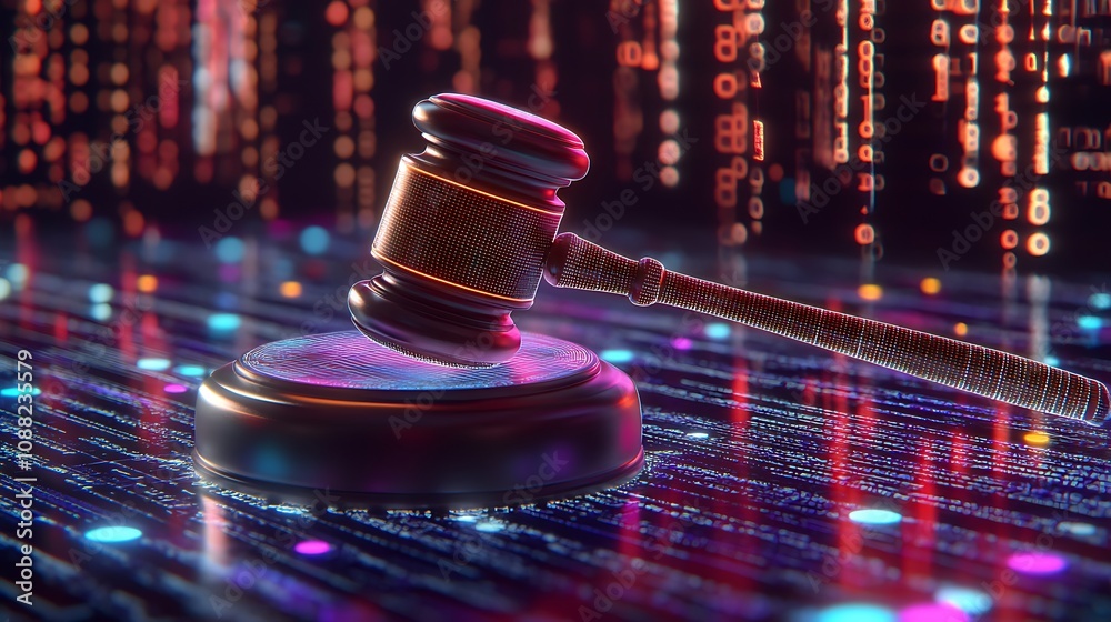 Gavel on digital code background, symbolizing cyber law.