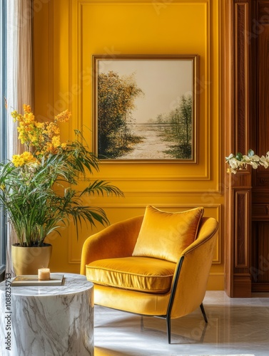 Yellow Room Interior Design With Armchair And Artwork
