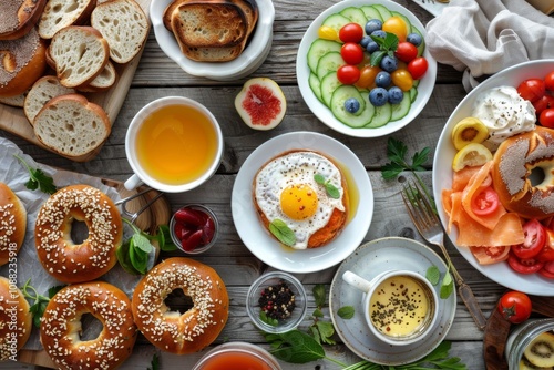 Fresh and Colorful Breakfast Spread Featuring Bagels, Eggs, Fruits, Vegetables, and Variety of Beverages on Rustic Wooden Table