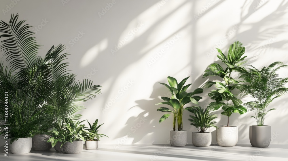 A serene arrangement of potted plants on a minimalist shelf, enhanced by natural light casting shadows on a clean wall. A serene arrangement of potted plants on a minimalist shelf, enhanced by natural light casting shadows on a clean wall.
