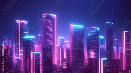 A vibrant, futuristic city skyline illuminated with neon lights against a dark background.