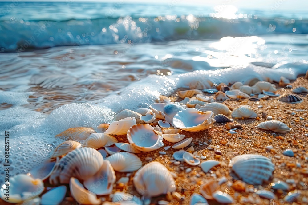 Seashells on the sandy beach with waves. This photo can be used to represent beach vacations, relaxation, or coastal living. Seashells on the sandy beach with waves. This photo can be used to represent beach vacations, relaxation, or coastal living.
