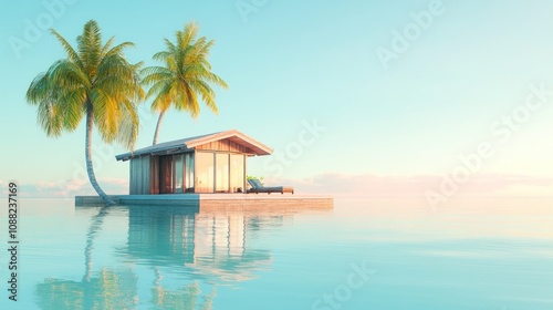 Tranquil beachfront house surrounded by palm trees and serene water.