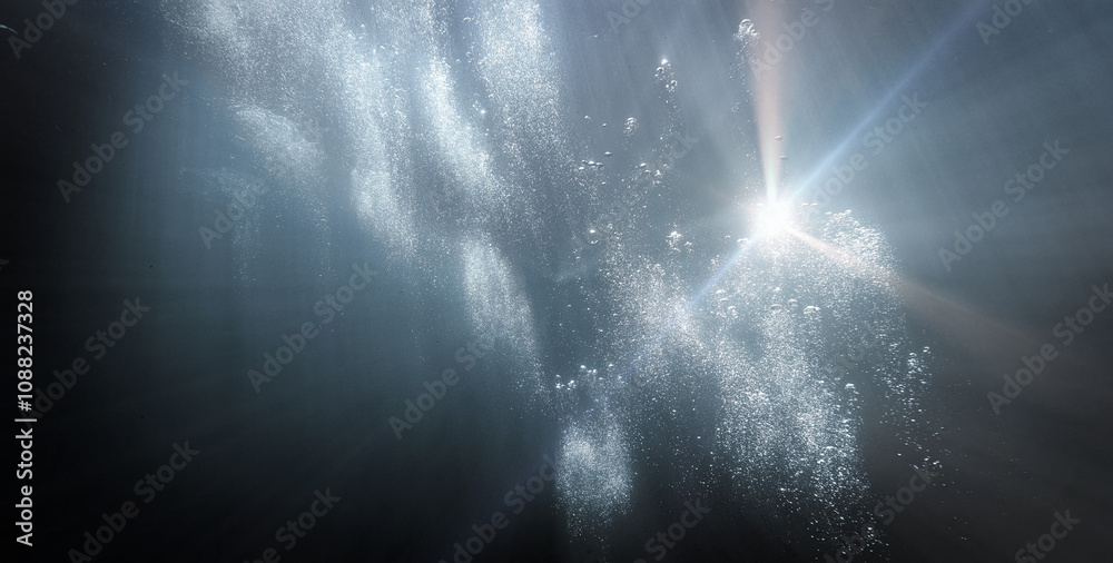 Fototapeta premium Dreamlike underwater world, universe and galaxy. Underwater photo from the deep blue ocean.