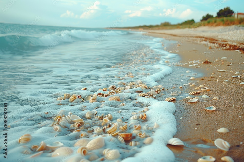 Foamy ocean wave washes up on shore. Perfect for representing peacefulness, tranquility, and the beauty of nature. Foamy ocean wave washes up on shore. Perfect for representing peacefulness, tranquility, and the beauty of nature.