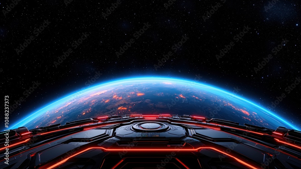 Futuristic Spaceship Viewpoint Over Earth with Glowing Lights in a Dark Universe, Stars, and Planet Atmosphere, Ideal for Science Fiction and Space Themes Futuristic Spaceship Viewpoint Over Earth with Glowing Lights in a Dark Universe, Stars, and Planet Atmosphere, Ideal for Science Fiction and Space Themes