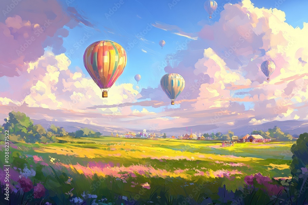 Obraz premium Colorful Hot Air Balloons Ascend Over Lush Green Fields Under a Bright Blue Sky with Fluffy White Clouds and Vibrant Flower Blooms in a Stunning Landscape Scene