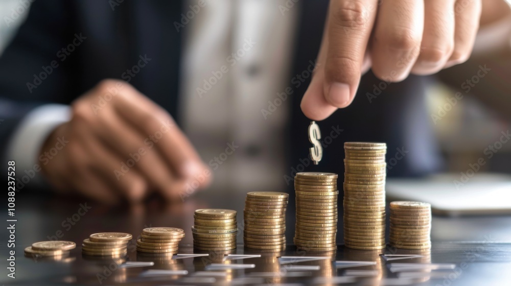 Hand drawn virtual growing graph with money coins stacking by a businessman, business investment profit and dividend saving growth concept