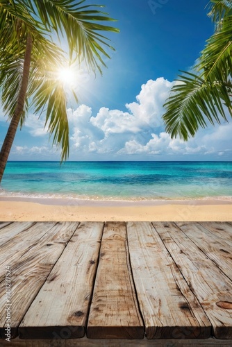 Summer tropical sea with waves, palm leaves and blue sky with clouds. Perfect vacation landscape with empty wooden table - generative ai