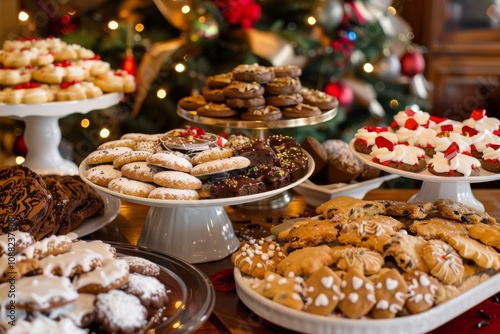 A Beautiful Display of Assorted Holiday Cookies on Decorative Platters Surrounded by Festive Christmas Decorations and Warm Twinkling Lights