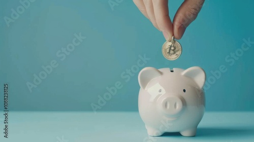 Hand putting coin to white piggy bank saving on blue background and copy space , Money saving for future investment and retirement concept