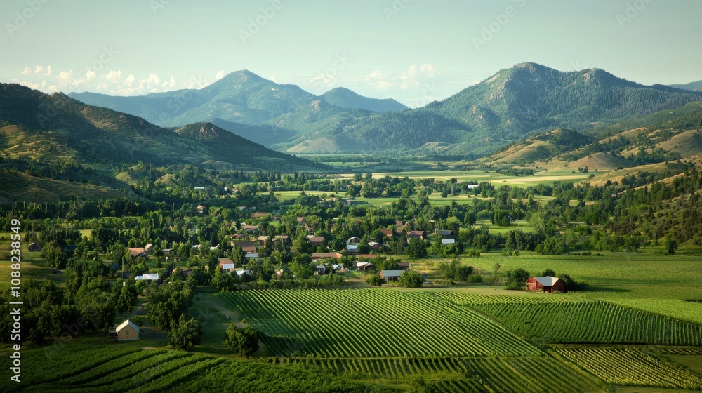 Fototapeta premium Serene Aerial View of Lush Green Valleys, Rolling Hills, and Rustic Farms in a Picturesque Landscape Under Bright Blue Sky with Soft White Clouds