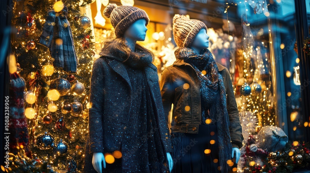 Obraz premium Two mannequins dressed in winter attire, surrounded by festive decorations and lights.