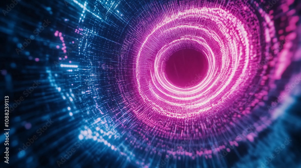 Obraz premium 2410_191.circular big data visualization, vibrant neon lines radiating from central point, dark blue background, futuristic technology concept, abstract digital flow representation, pink and light