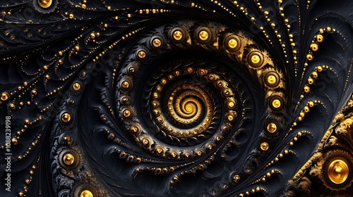 2410_252.a black clock face in a spiral formation, with golden numbers and sharp clock hands diminishing as they recede toward the center of the spiral this fractal design suggests the infinite photo