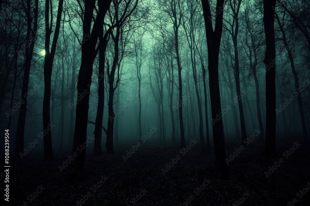 Fototapeta premium Mysterious and Enigmatic Forest Scene Shrouded in Fog with Tall, Bare Trees and a Dim Light Creating an Atmospheric and Haunting Mood for Nature Photography