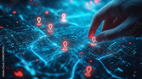 2410_329.a detailed digital image of a smart navigation system, transparent glowing blue city map with red location pins, professional hand interacting with a holographic map interface, neon blue