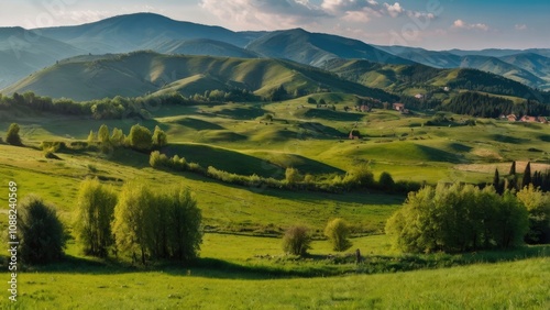 panorama of beautiful countryside of romania. sunny afternoon. wonderful springtime landscape in mountains. grassy field and rolling hills. rural scenery - generative ai