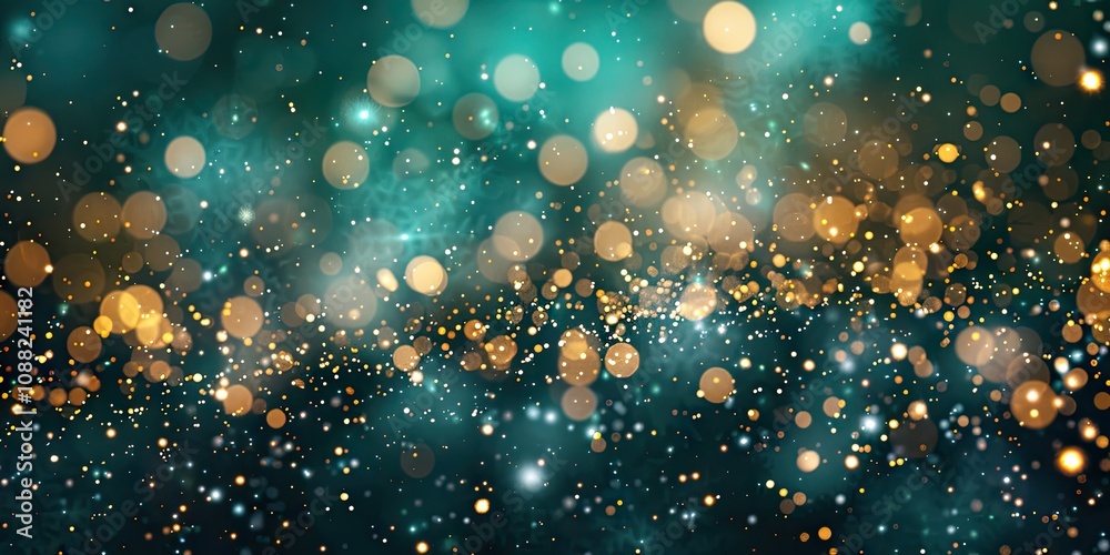 Christmas background with golden bokeh lights and green color, glowing snowflakes on a dark turquoise background