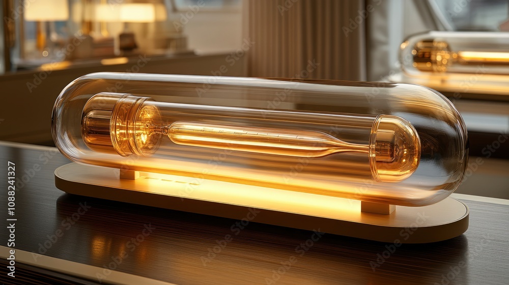 Modern glass lamp with a warm glowing light in a stylish room Modern glass lamp with a warm glowing light in a stylish room