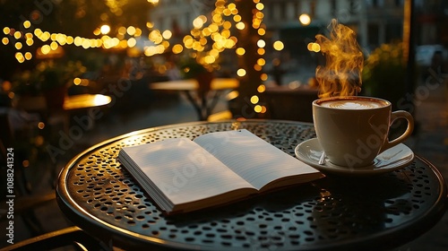 Cozy Coffee Shop Scene with Steaming Cup and Open Notebook Surrounded by Warm Bokeh Lights in an Outdoor Setting