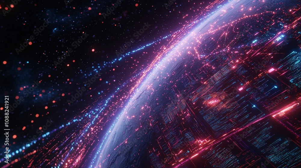 Obraz premium 2410_273.digital holographic earth with glowing lines of connection, multiple server stacks processing data, vibrant blue and purple light effects, concept of global internet communication, advanced