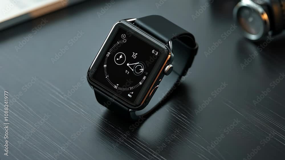 A smart watch with a black band sits on a table. The watch has a black face and a white background