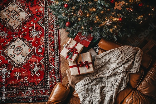top view of living room with christmas tree, chimney, sofa, and red carpet