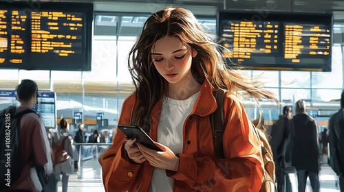 2410_039.youthful lady with flowing brunette hair, russet jacket over ivory ensemble, navigating airport with phone, flight schedules visible, busy terminal atmosphere photo