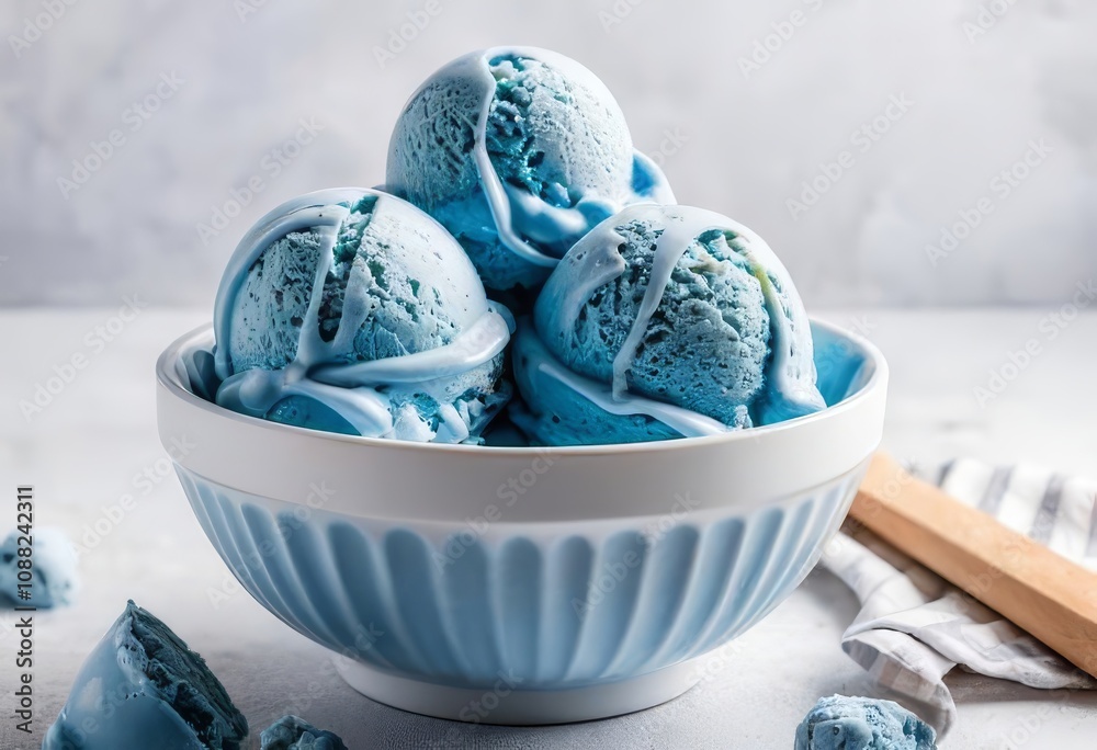 A white bowl filled with blue ice cream, surrounded by sprinkles and a spoon. The background is a light blue with a few white clouds. A white bowl filled with blue ice cream, surrounded by sprinkles and a spoon. The background is a light blue with a few white clouds.