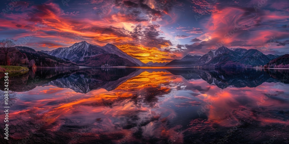 Hallstatt at Sunset with Vibrant Sky Reflected in the Lake and Majestic Mountain Shadows Hallstatt at Sunset with Vibrant Sky Reflected in the Lake and Majestic Mountain Shadows