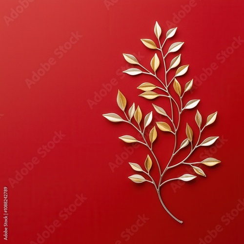 Decorative branch with leaves on a vibrant red background.