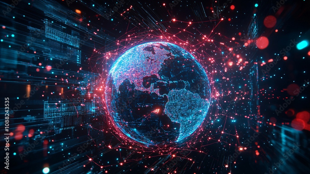 2410_275.world network communication visual with hologram earth, multiple data servers linked by glowing pathways, processing and storage concept, futuristic cyber environment, bright neon colors 2410_275.world network communication visual with hologram earth, multiple data servers linked by glowing pathways, processing and storage concept, futuristic cyber environment, bright neon colors