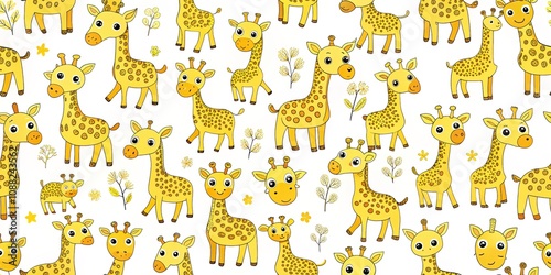 Cute Vibrant Yellow Cartoon Giraffe Pattern for Children's Wallpaper, Prints, and Postcards - Adorable Wild Animal Design on White Background