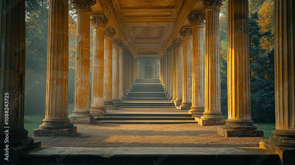 Golden Columns Frame Majestic Staircase Leading to Entrance