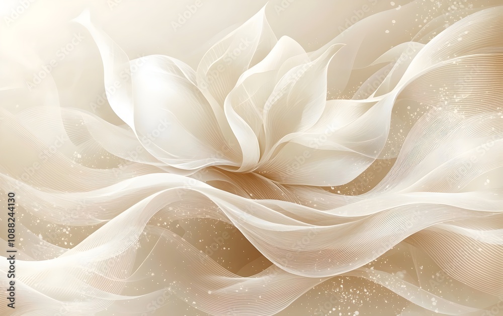 A delicate, abstract design featuring a soft, white lotus flower with flowing, translucent petals set against a dreamy, beige background. A delicate, abstract design featuring a soft, white lotus flower with flowing, translucent petals set against a dreamy, beige background.