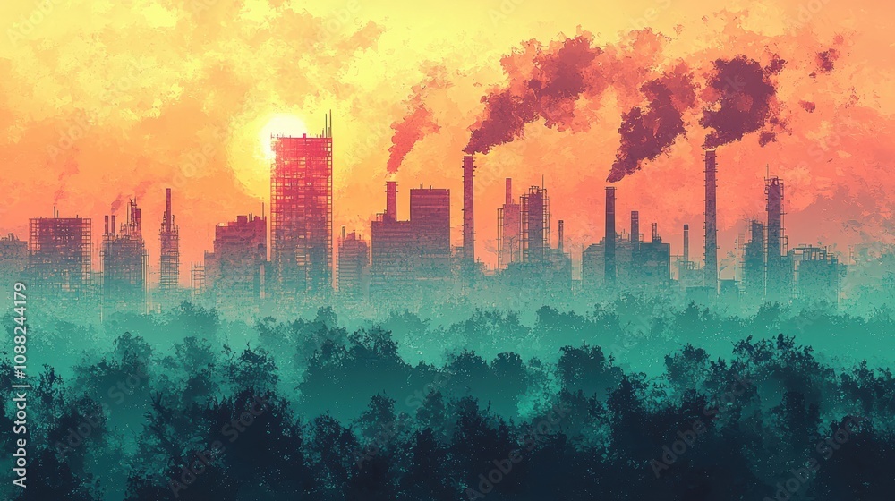 Fototapeta premium Industrial Landscape at Sunset with Smokestacks and Silhouetted Forests, Capturing the Contrast Between Nature and Urban Development in Vibrant Colors