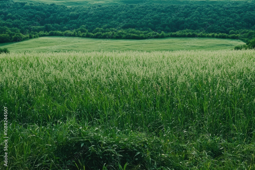 Obraz premium A vibrant meadow showcases tall grasses and healthy soybeans, creating a picturesque view of nature in a peaceful countryside setting. Generative AI